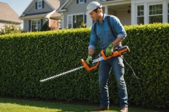 Taille-haie thermique en action dans un jardin verdoyant avec des haies bien taillées