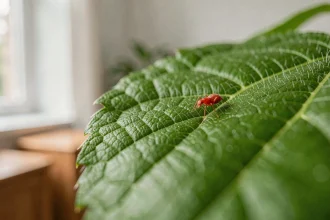 Gros plan macro d'un minuscule acarien rouge sur une feuille de plante d'intérieur verte