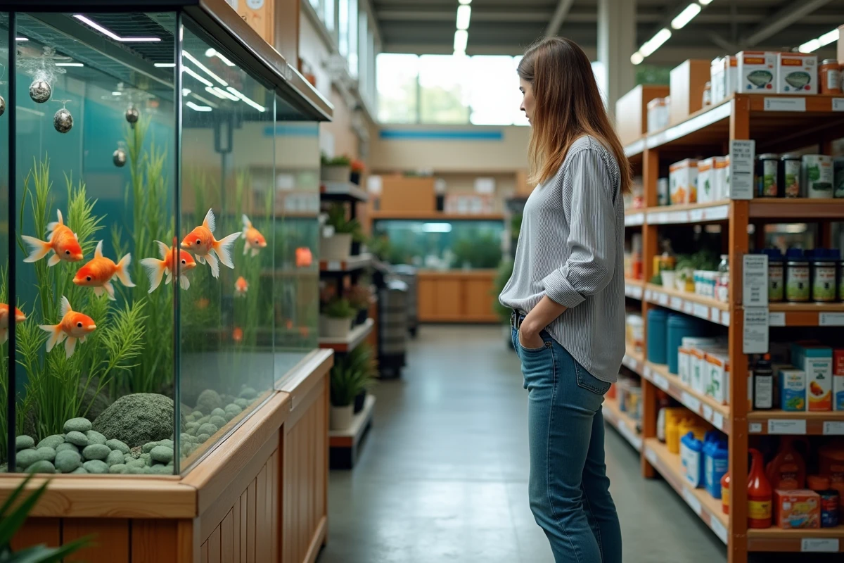 Femme choisissant des carpes koï et du matériel pour bassin dans une jardinerie