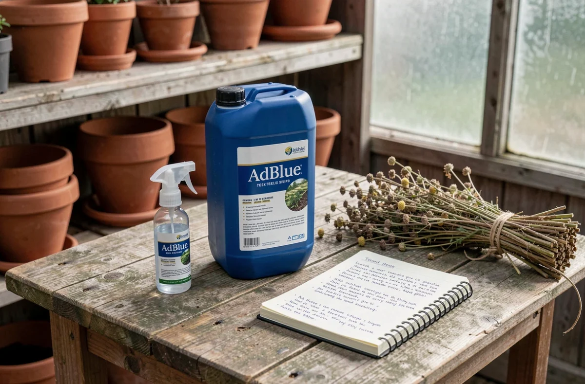 Composition en vue plombante d'un bidon d'AdBlue, d'un carnet de tests et de mauvaises herbes arrachées sur un établi de jardinier