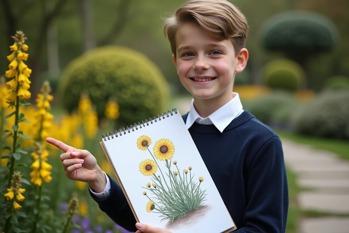 Jeune garçon dessinant une fleur d