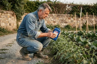 Agriculteur tenant un bidon d'AdBlue près de mauvaises herbes dans un jardin rural, évaluant son usage comme désherbant