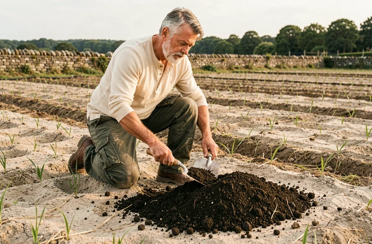 Agriculteur étalant du compost sur une terre appauvrie en plein champ pour régénérer naturellement les nutriments du sol