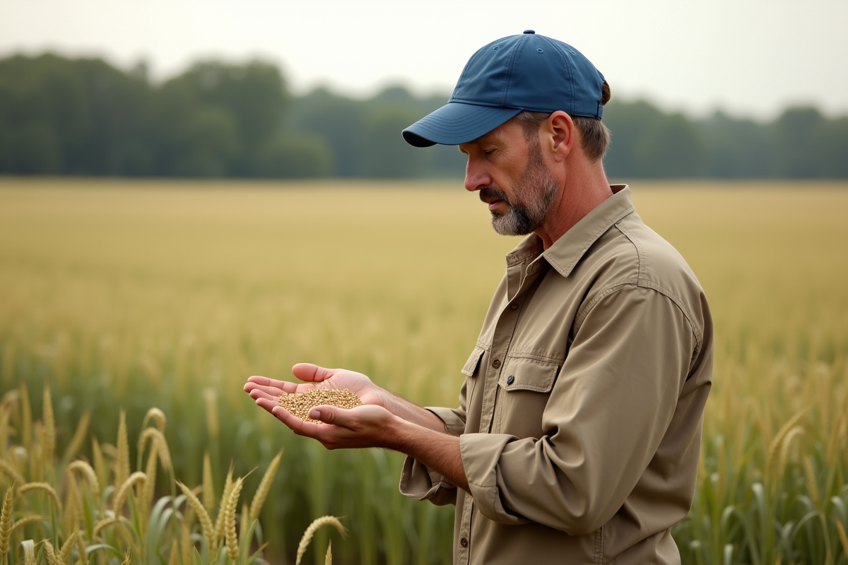 Agronome examinant des grains hybrides dans un champ de blé