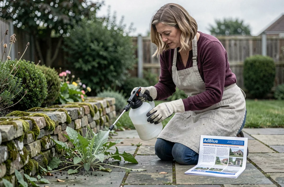 Femme appliquant un désherbant naturel alternatif à l'AdBlue sur des mauvaises herbes entre des dalles de pierre dans un jardin résidentiel