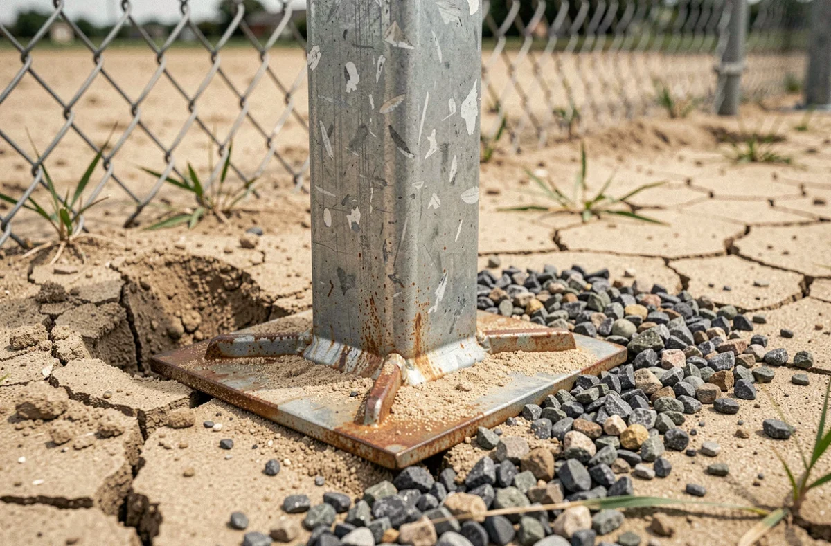 Gros plan sur la base d'un poteau de grillage ancré sans béton dans un sol sablonneux avec gravier de calage