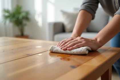 Application d'huile de teck sur une table en bois avec un chiffon, détail du grain et de l'absorption de l'huile