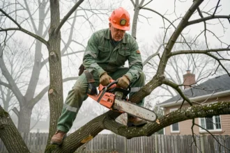 Arboriste professionnel en tenue de sécurité élagant un grand chêne dans un jardin résidentiel en hiver