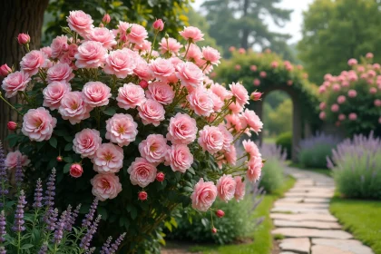 Arbuste fleuri rose en pleine floraison printanière dans un jardin romantique avec allée en pierre