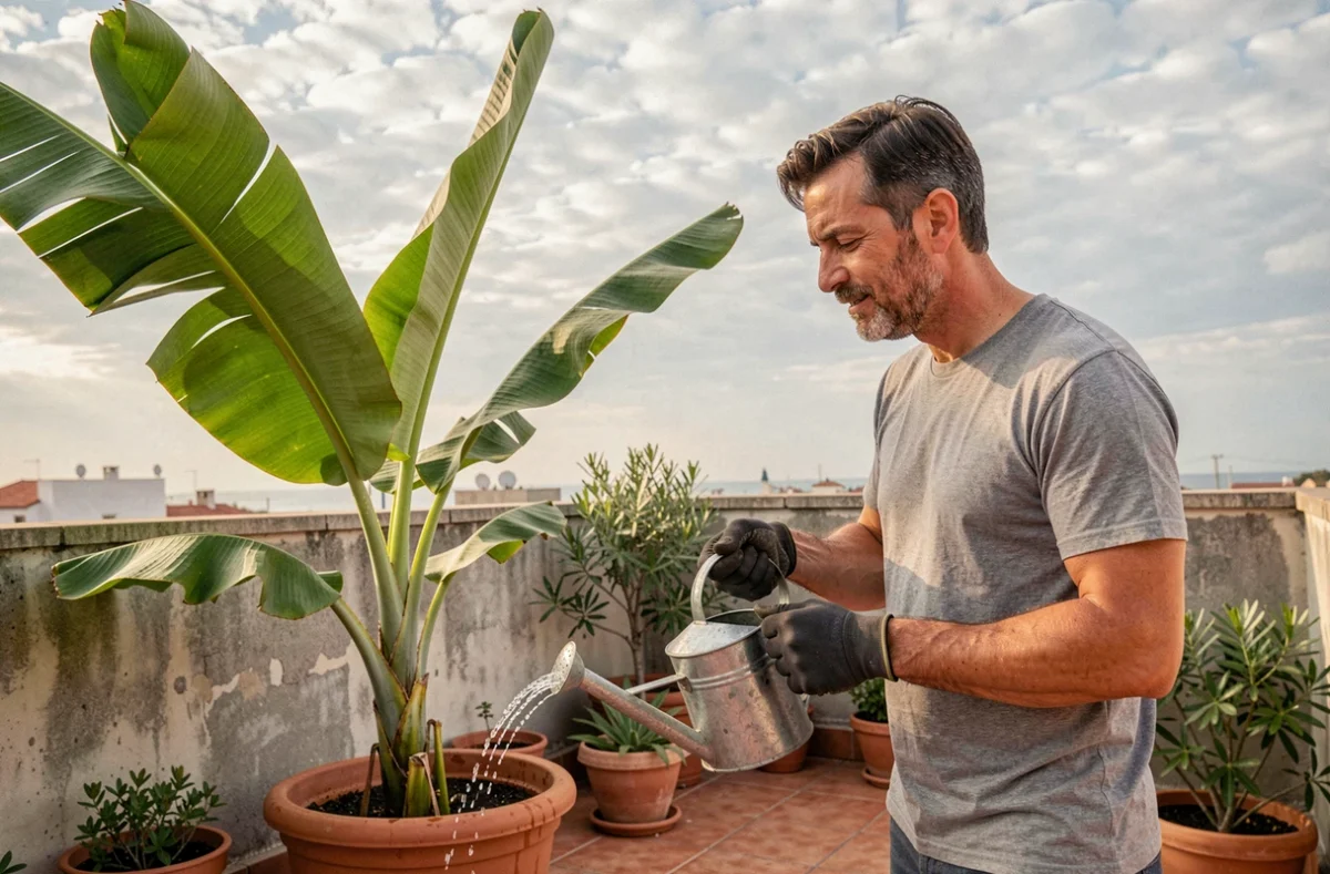 Homme arrosant un bananier en pot sur une terrasse sur toit avec arrosoir en métal