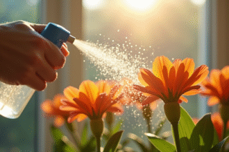 Personne arrosant des fleurs d'intérieur avec vaporisateur