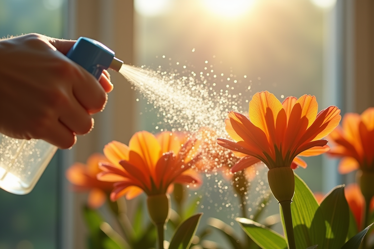 Personne arrosant des fleurs d'intérieur avec vaporisateur