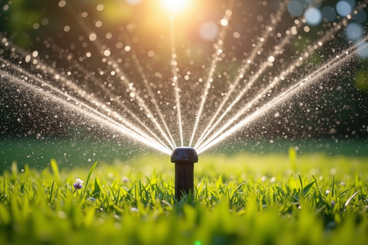 Arroseur de jardin en action avec gouttes d'eau brillantes