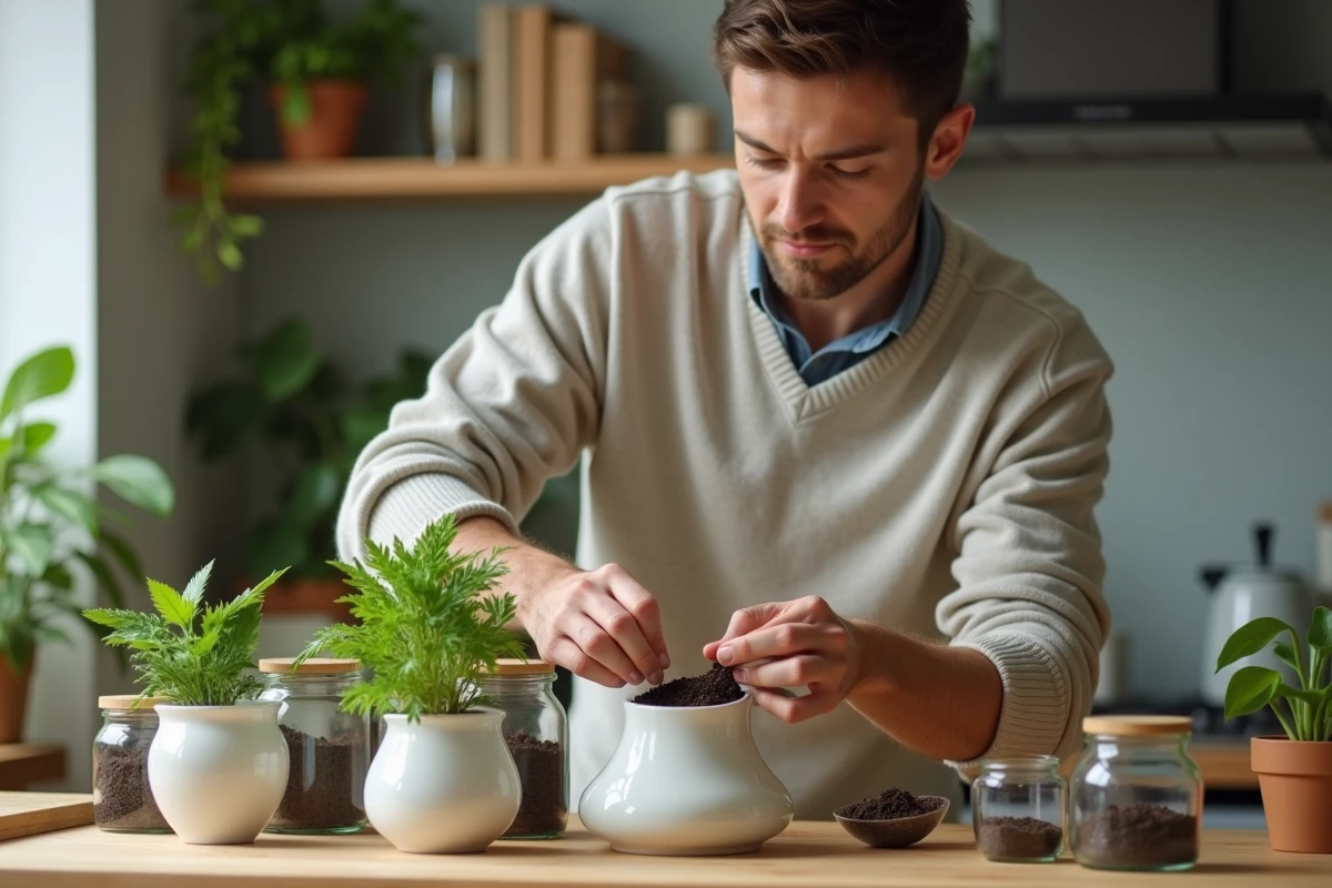Jeune homme assemblant des pots d