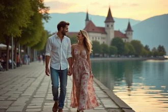 Couple se promenant main dans la main au bord du lac d'Annecy au coucher du soleil avec le Palais de l'Isle en arrière-plan