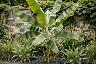 Bananier Musa basjoo planté en pleine terre dans un massif exotique entouré de cannas et de graminées ornementales