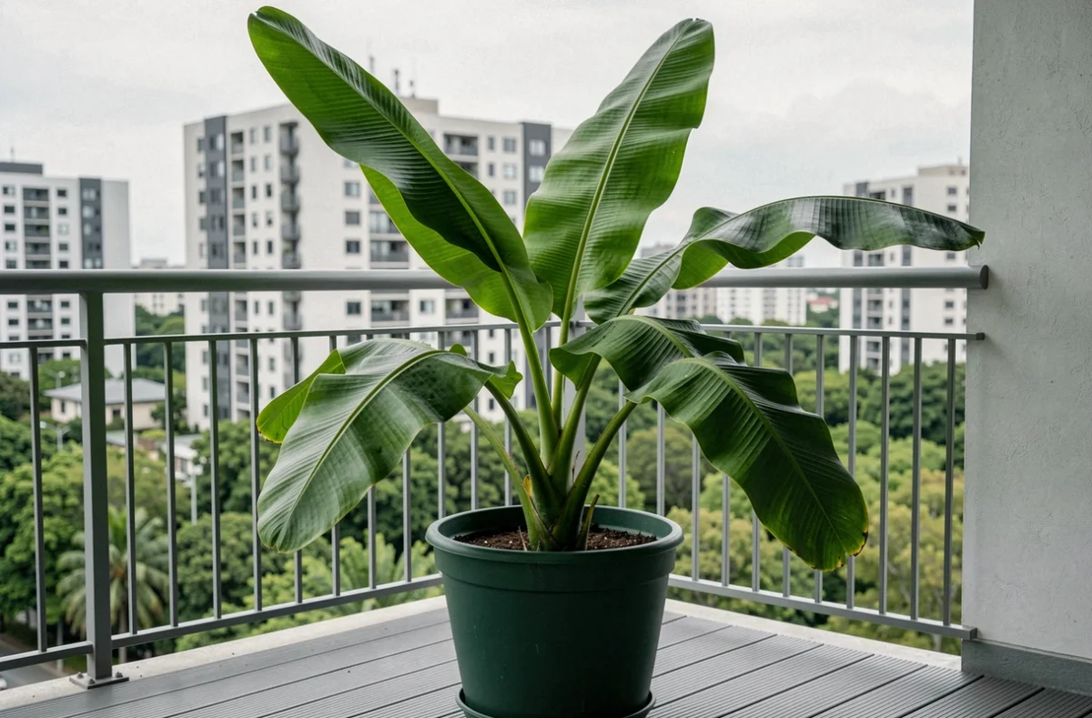 Bananier en pot bien développé sur un balcon moderne avec vue sur la ville