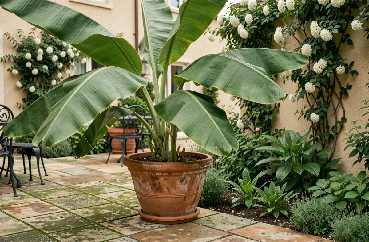 Bananier en pot sur une terrasse en pierre calcaire faisant la transition avec un massif exotique dans un jardin résidentiel