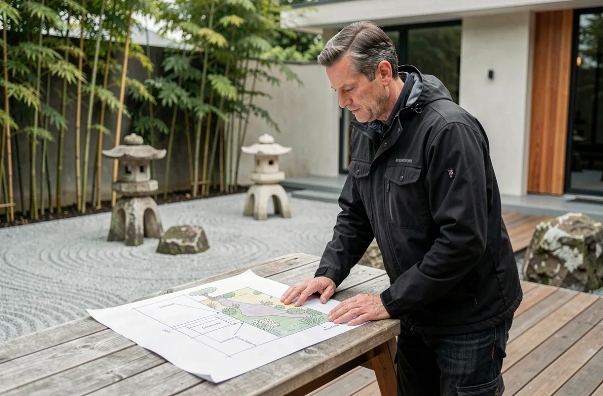 Designer de Banzai Paysages étudiant des plans de jardin devant un espace vert de style japonais
