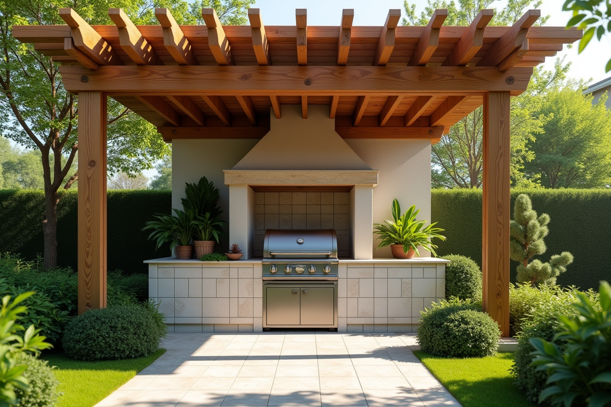 Barbecue encastré sous une pergola en bois entouré de verdure