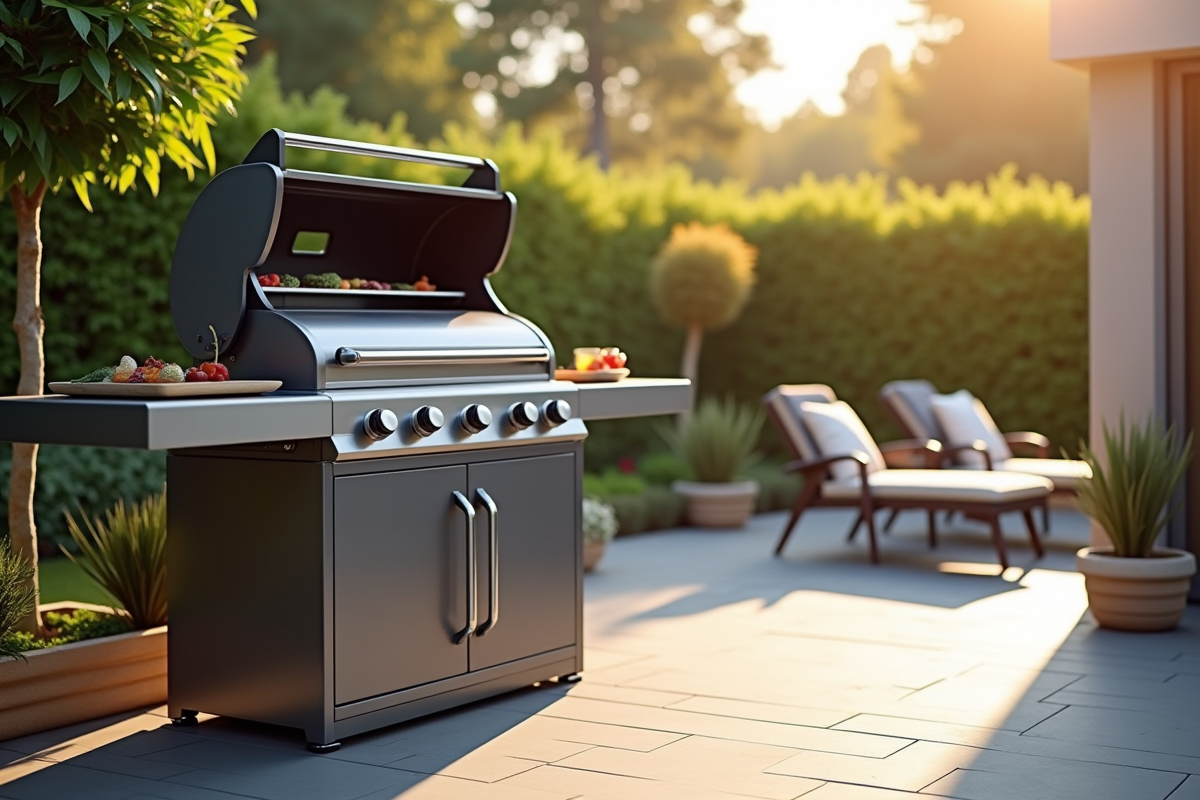 Barbecue moderne en extérieur sur une terrasse ensoleillée