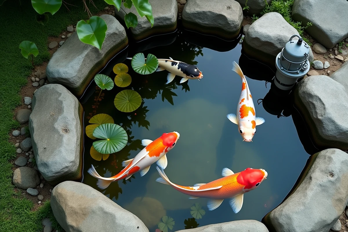 Vue aérienne d'un petit bassin de jardin avec des carpes koï colorées pour débutants