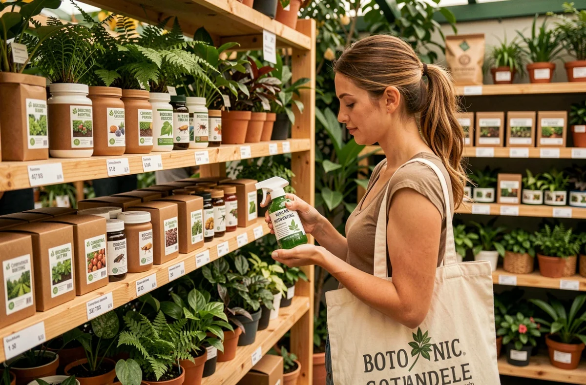 Botanic jardinerie engagée avec rayon biocontrôle, produits naturels et cliente lisant une étiquette bio