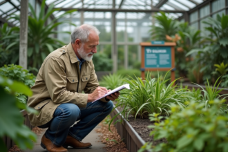 Botaniste inspectant une plante tropicale dans un jardin botanique