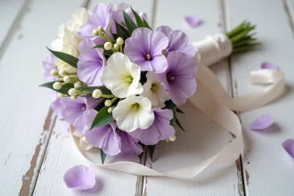 Bouquet de mariage en lisianthus lavande et ivoire posé sur bois blanc avec ruban satiné