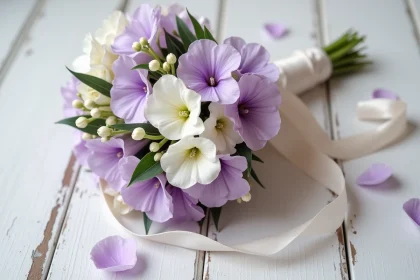 Bouquet de mariage en lisianthus lavande et ivoire posé sur bois blanc avec ruban satiné