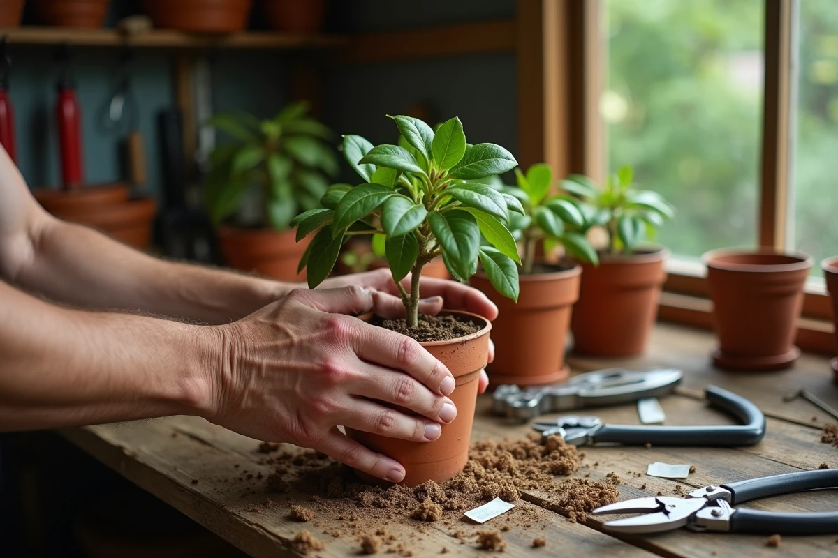 Mains préparant une bouture de bougainvillier dans un pot de multiplication sur un établi de jardin