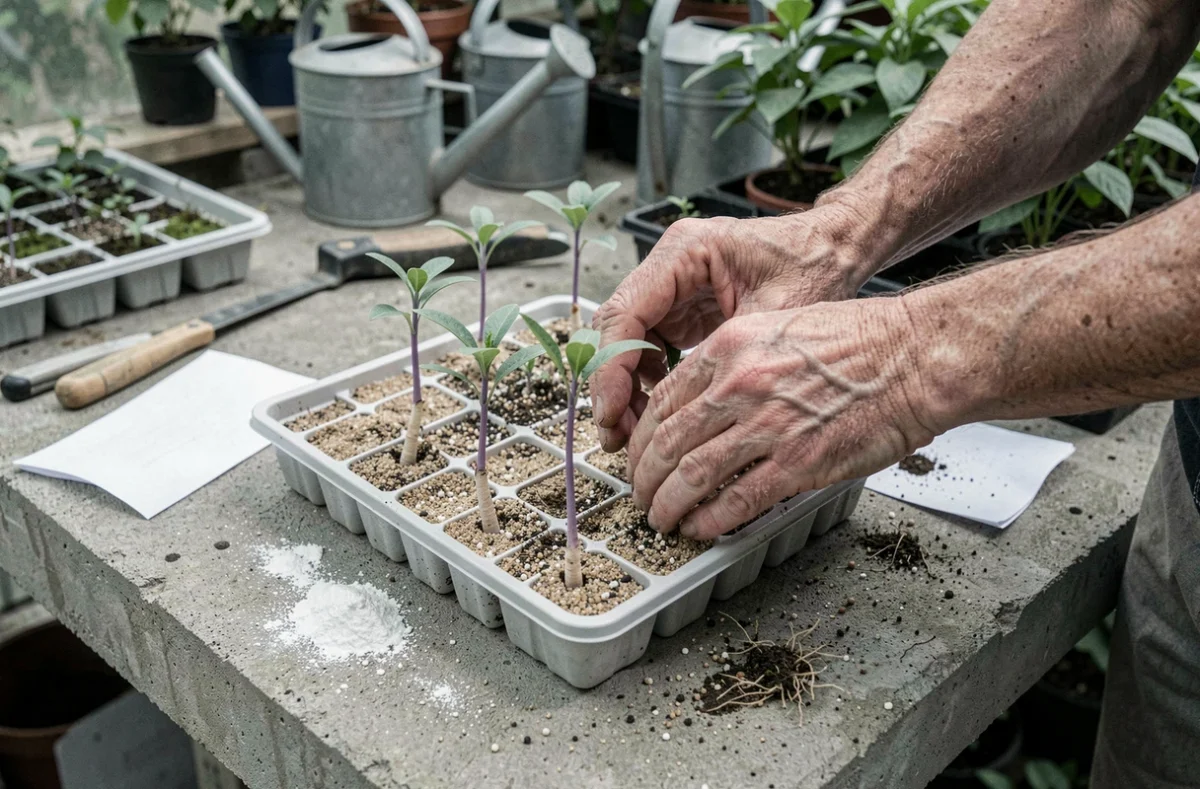 Mains masculines qui plantent une bouture de lavande dans un bac de multiplication en serre horticole