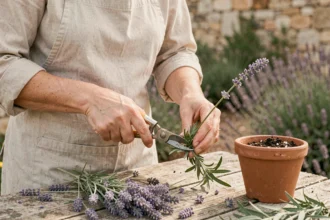 Femme qui taille une bouture de lavande avec un sécateur sur une table en bois dans un jardin provençal
