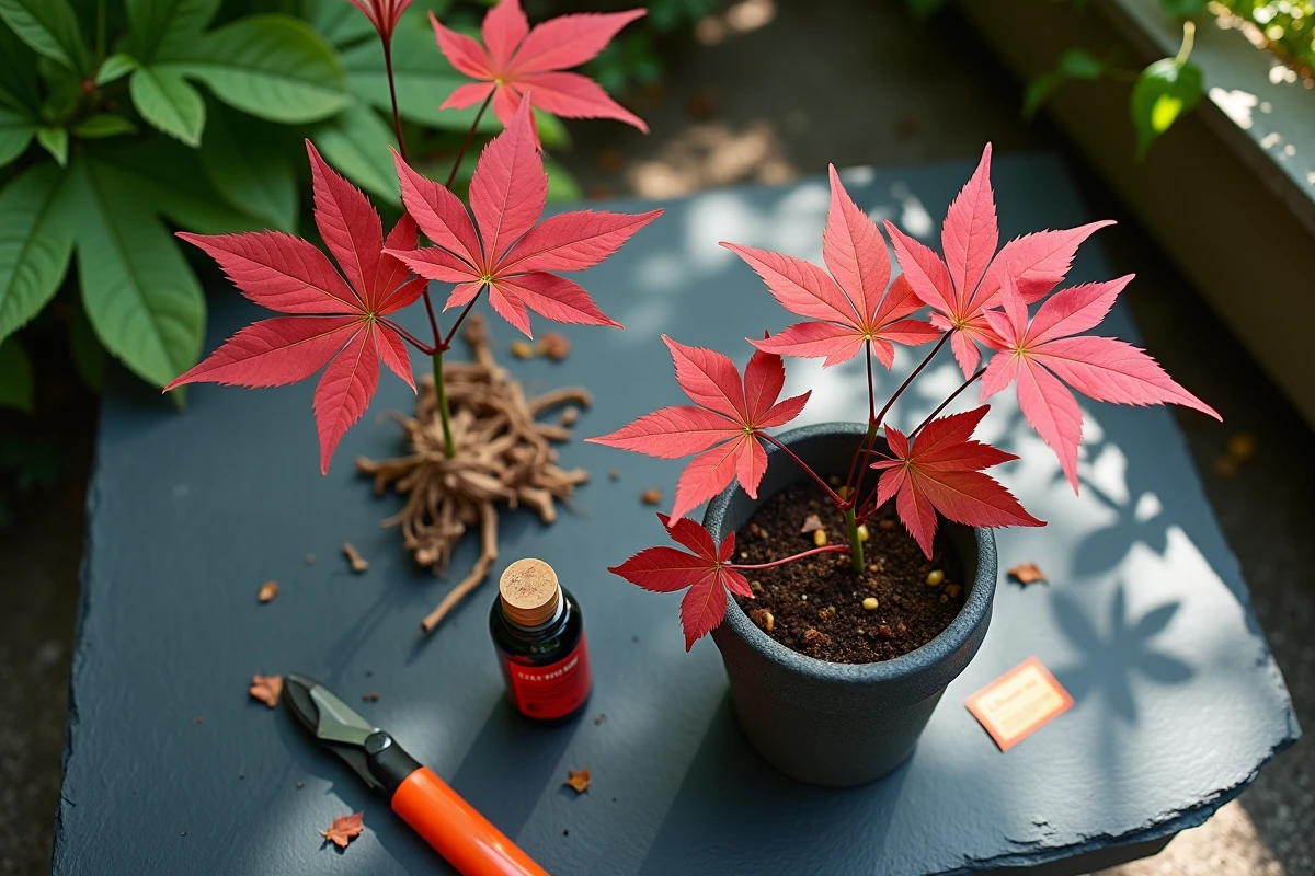 Boutures d'érable du Japon réussies et ratées côte à côte sur ardoise avec outils de bouturage illustrant les erreurs courantes