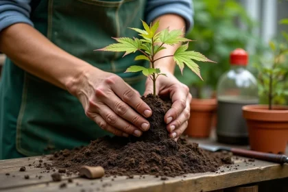 Mains de jardinière tenant une bouture d'érable du Japon avec coupe nette sur établi en bois dans une serre