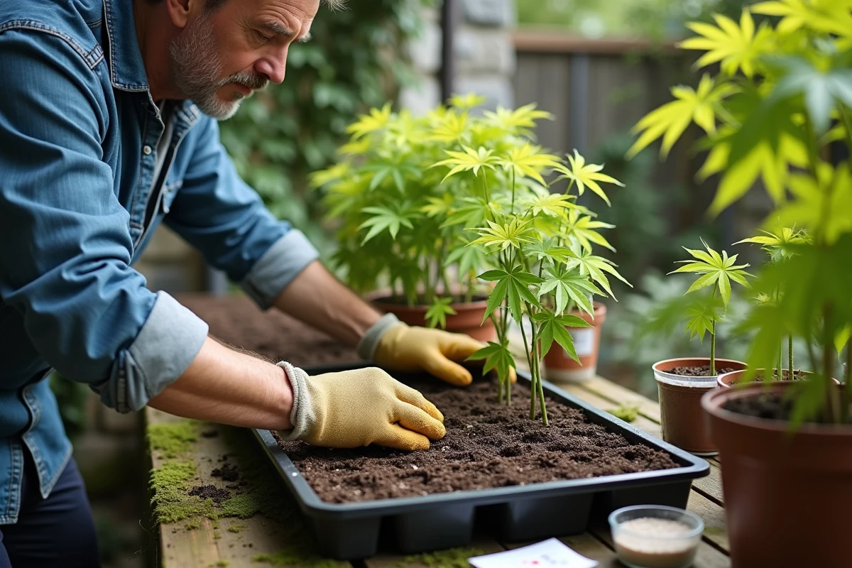 Jardinier insérant des boutures d'érable du Japon dans un plateau de multiplication avec hormone de bouturage