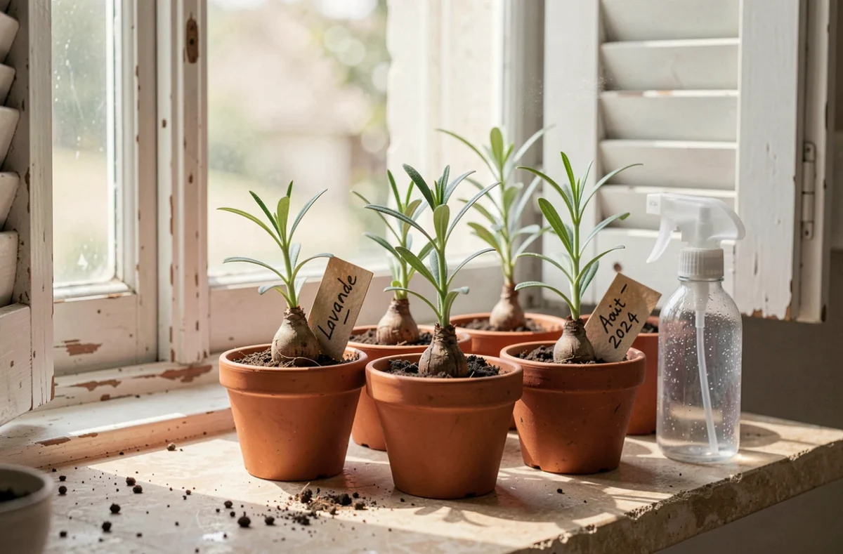 Boutures de lavande enracinées dans des petits pots en terre cuite sur un rebord de fenêtre en pierre