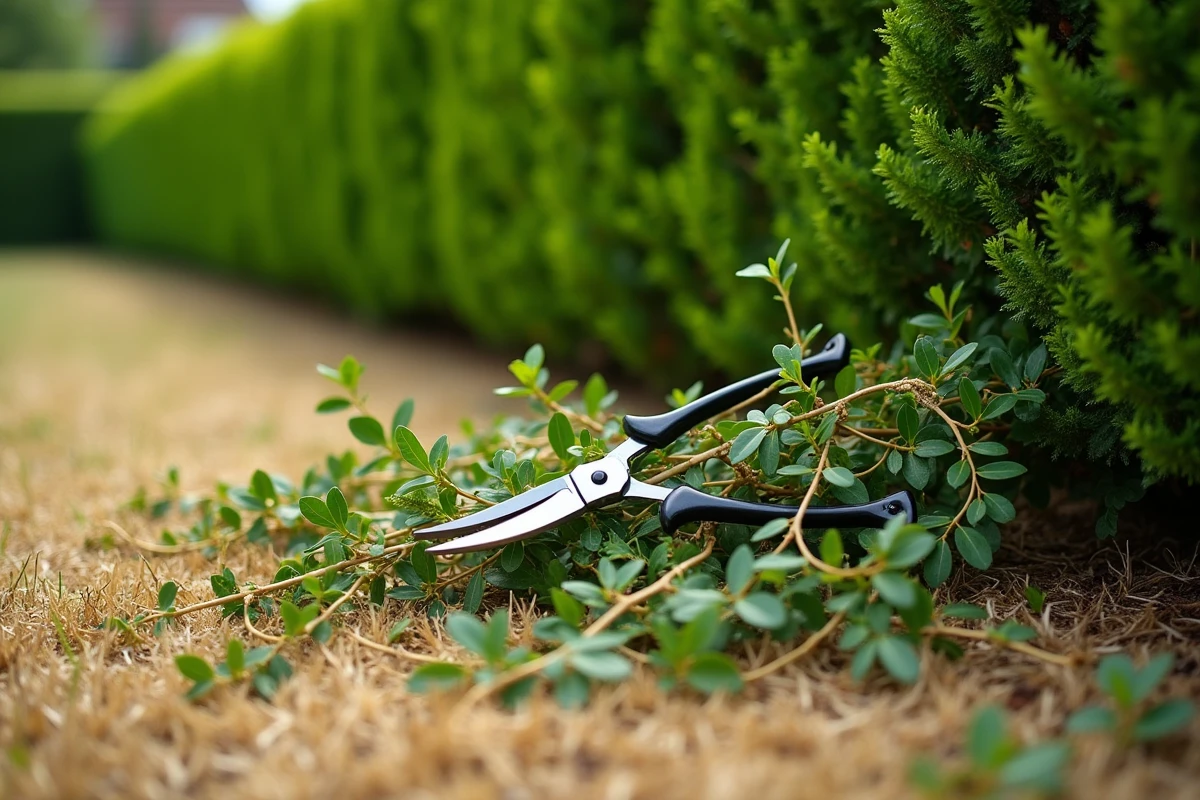 Branches de laurier fraîchement taillées sur l'herbe sèche avec un sécateur en été