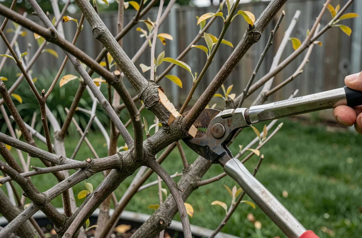 Gros plan sur les branches enchevêtrées et déformées d'un seringat avant taille de rajeunissement