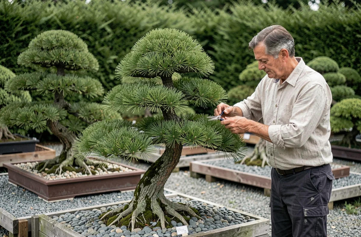 Brenelia Niwaki à Machecoul avec pins taillés en topiaire japonais et horticulture spécialisée
