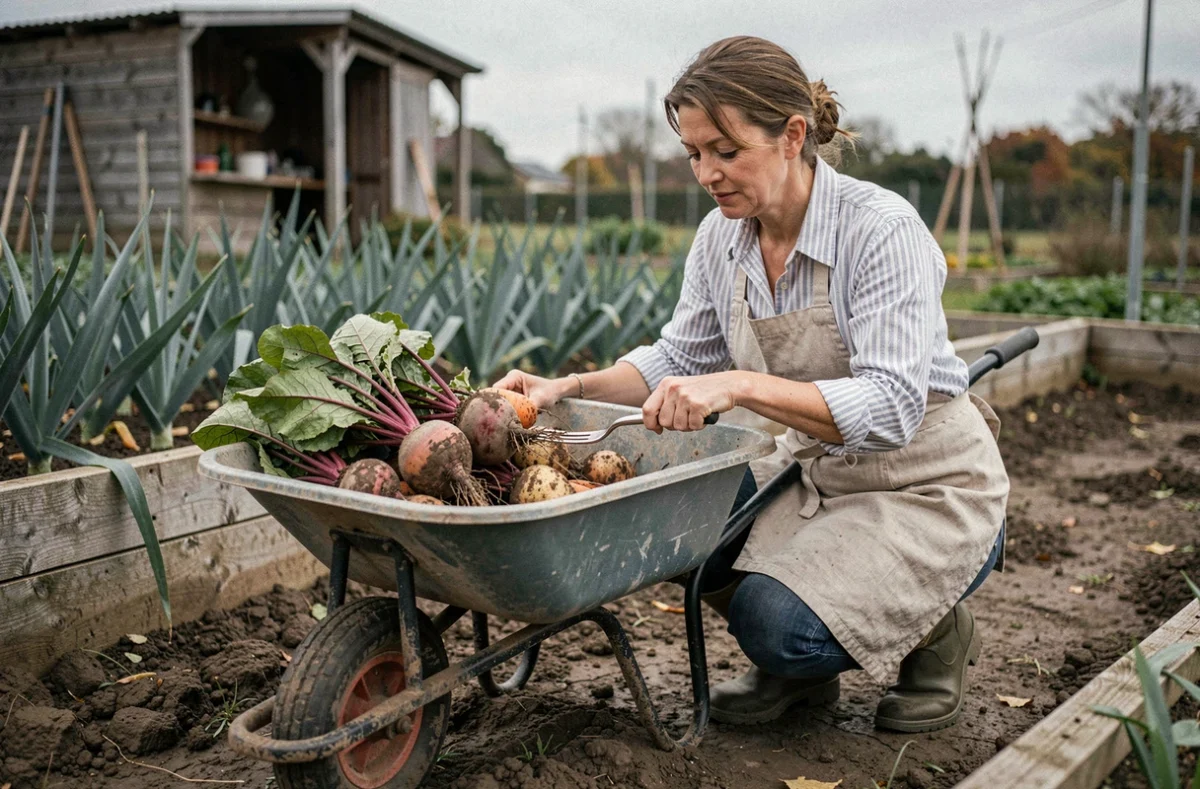 Femme chargeant une brouette grande capacité avec des légumes racines récoltés dans un potager en automne