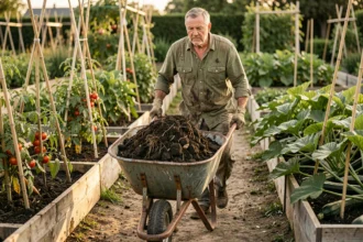 Jardinier poussant une grande brouette volume remplie de compost dans un potager avec des rangées de légumes