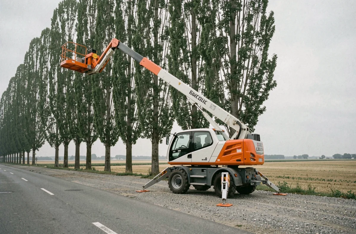 Camion nacelle télescopique déployé au bord d'une route rurale pour l'élagage de peupliers