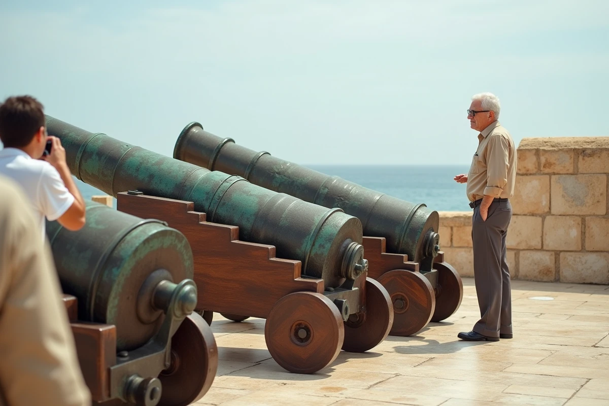 Canons historiques de la Batterie du Salut aux jardins de Barrakka à La Valette, Malte, avec vue sur la mer Méditerranée depuis les fortifications