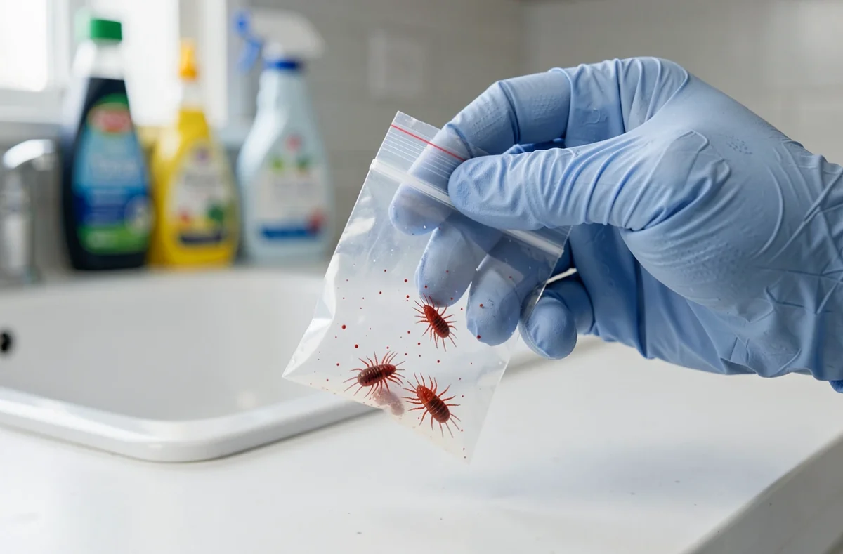 Main gantée tenant un sachet transparent contenant des petits insectes rouges capturés dans une cuisine