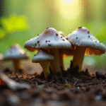 Champignons chanterelles gris dans un sol forestier en permaculture