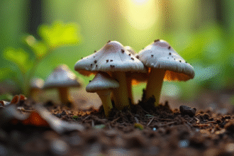 Champignons chanterelles gris dans un sol forestier en permaculture