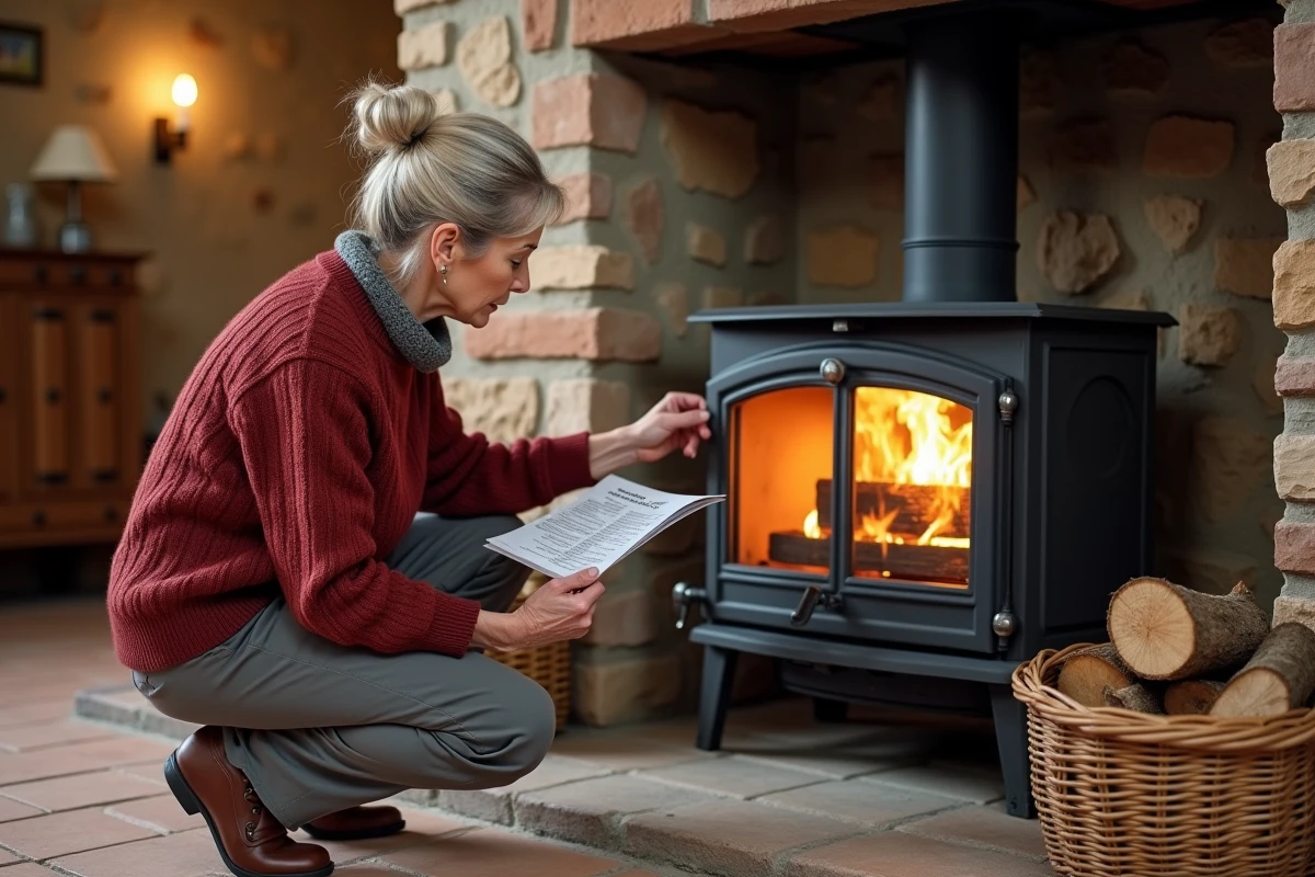 Femme chargeant des bûches de hêtre dans un poêle à bois en fonte dans une maison en pierre, avec un tableau de conversion énergétique du bois
