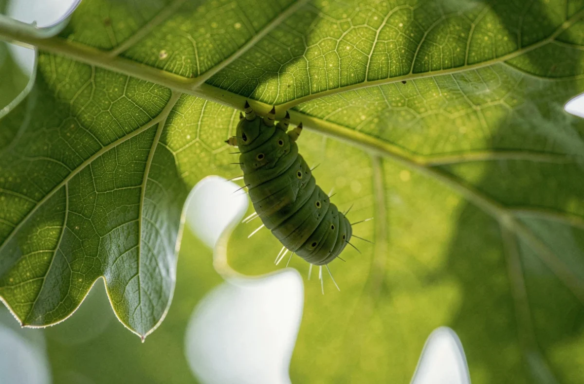 Chenille verte de papillon vue de dessous accrochée sous une feuille de chêne avec ses fausses pattes visibles