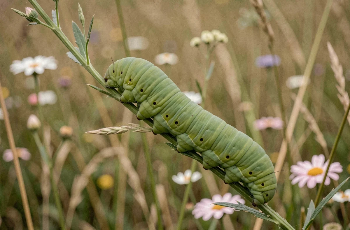 Chenille verte de papillon sur une tige de plante sauvage dans une prairie avec végétation floue en arrière-plan